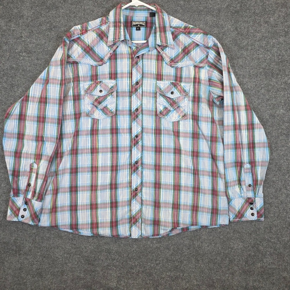Panhandle Shirt Mens Size  XL Blue Red Plaid Pearl Snap Western Rodeo